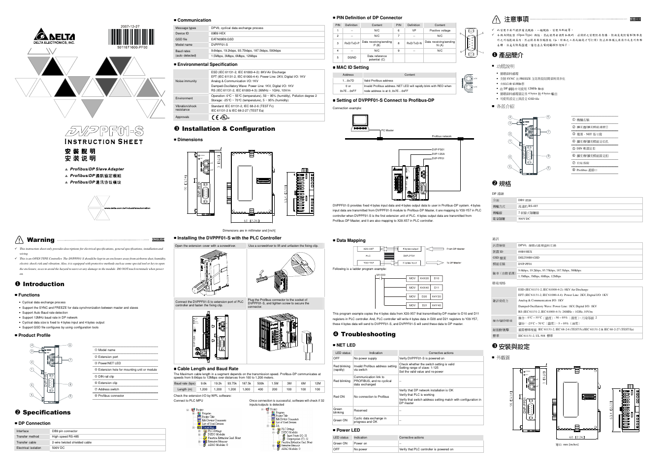 Delta Electronics Network Device DVPPF01-S User Manual | 2 pages