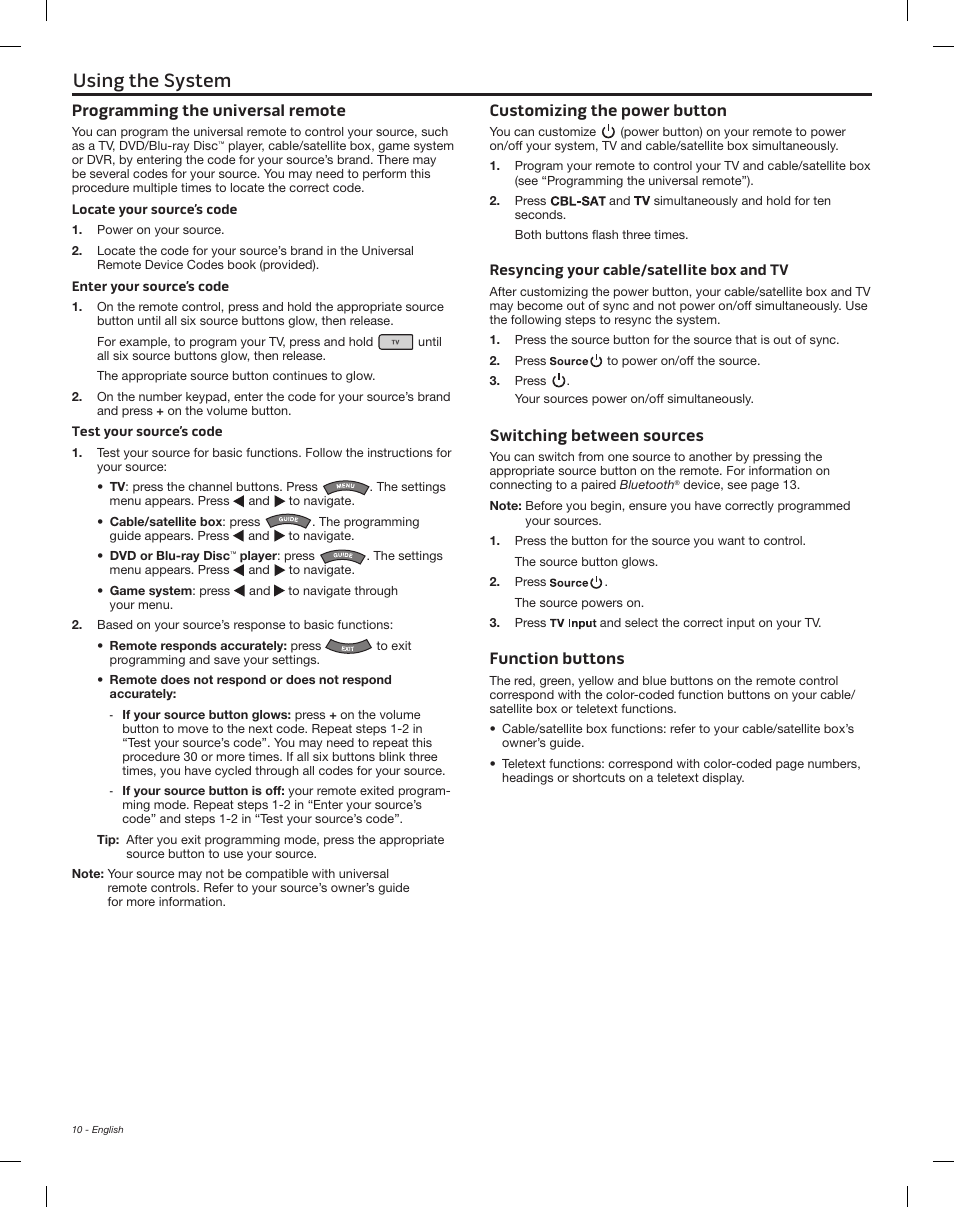 Using the system, Programming the universal remote, Customizing the power button | Switching between sources, Function buttons | Bose Solo 15 Series II User Manual | Page 10 / 56