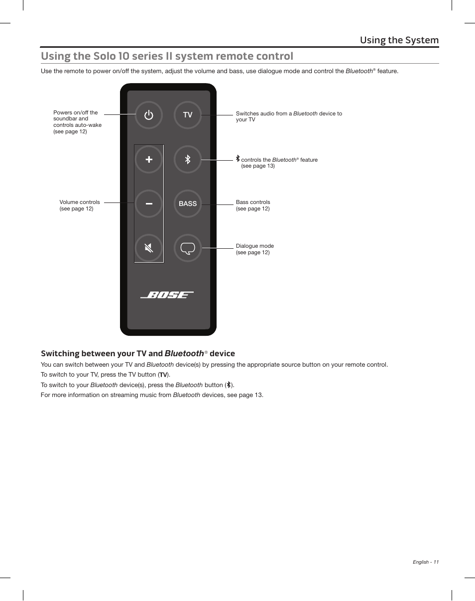 Using the solo 10 series ii system remote control, Switching between your tv and bluetooth, Device | Using the system | Bose Solo 15 Series II User Manual | Page 11 / 56