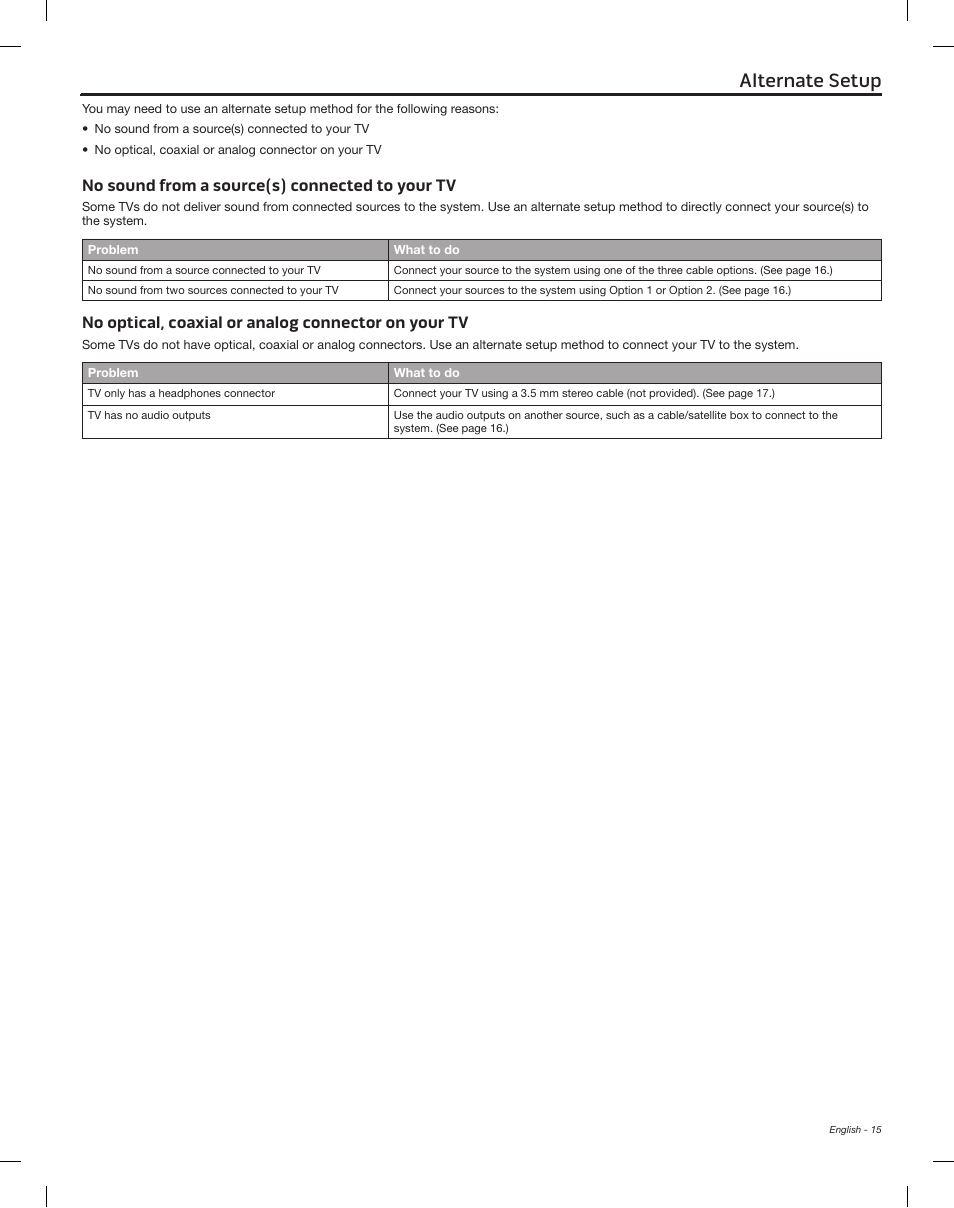 Alternate setup, No sound from a source(s) connected to your tv, No optical, coaxial or analog connector on your tv | Bose Solo 15 Series II User Manual | Page 15 / 56
