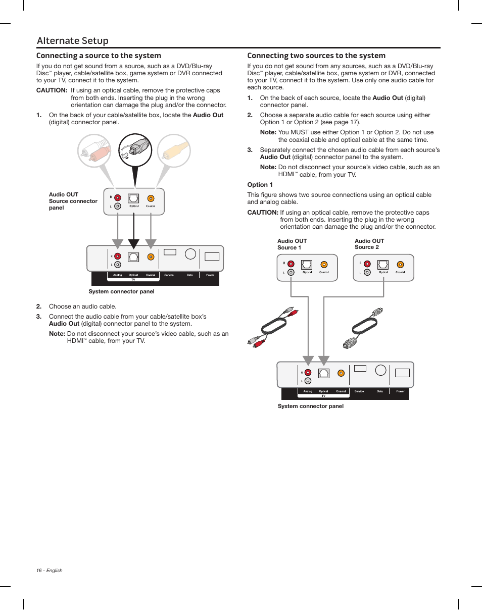 Alternate setup, Connecting a source to the system, Connecting two sources to the system | Bose Solo 15 Series II User Manual | Page 16 / 56