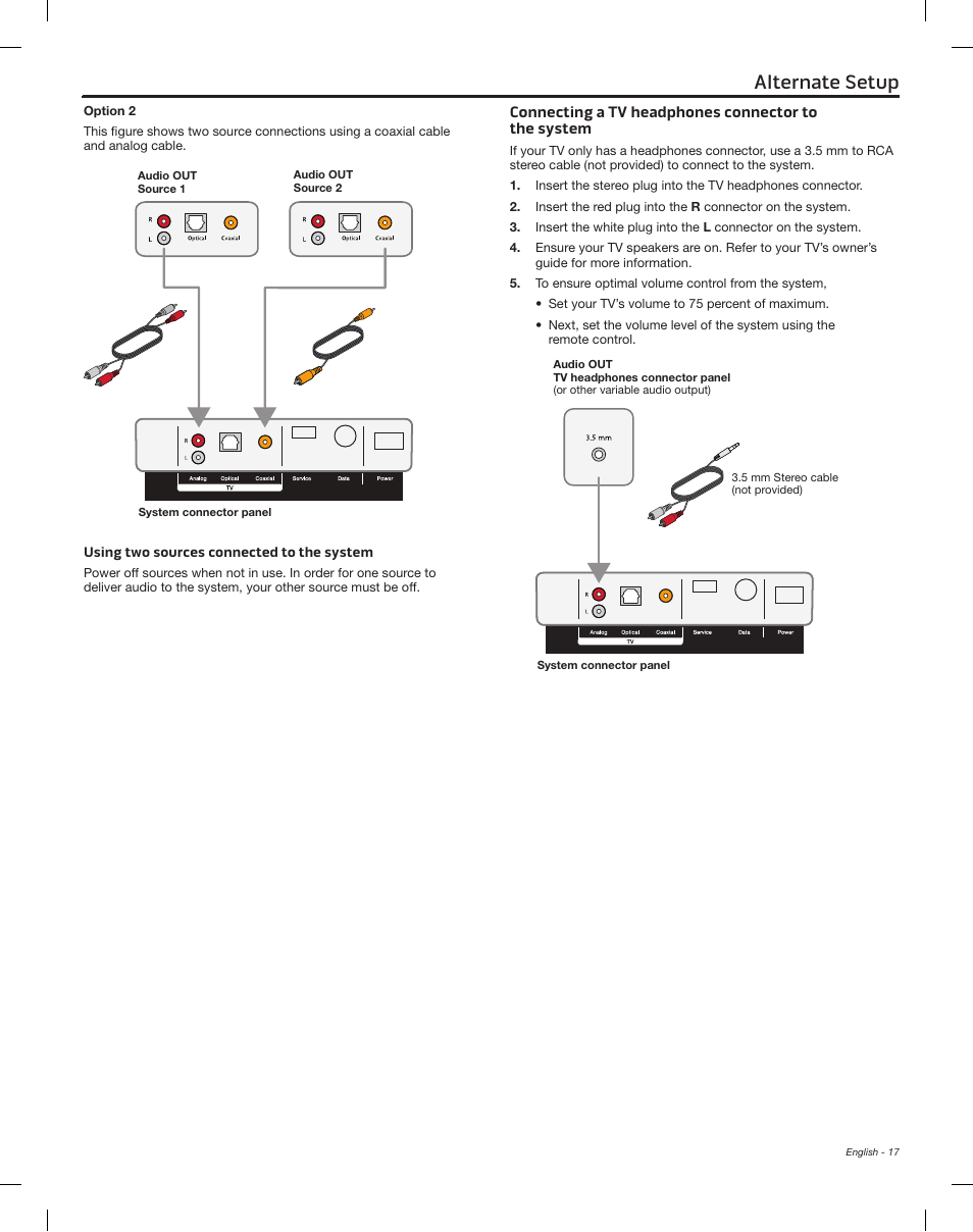 Alternate setup, Connecting a tv headphones connector to the system | Bose Solo 15 Series II User Manual | Page 17 / 56