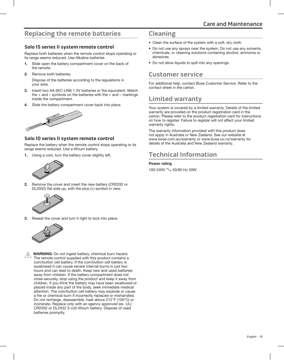 Replacing the remote batteries, Cleaning, Customer service | Limited warranty, Technical information, Care and maintenance | Bose Solo 15 Series II User Manual | Page 19 / 56