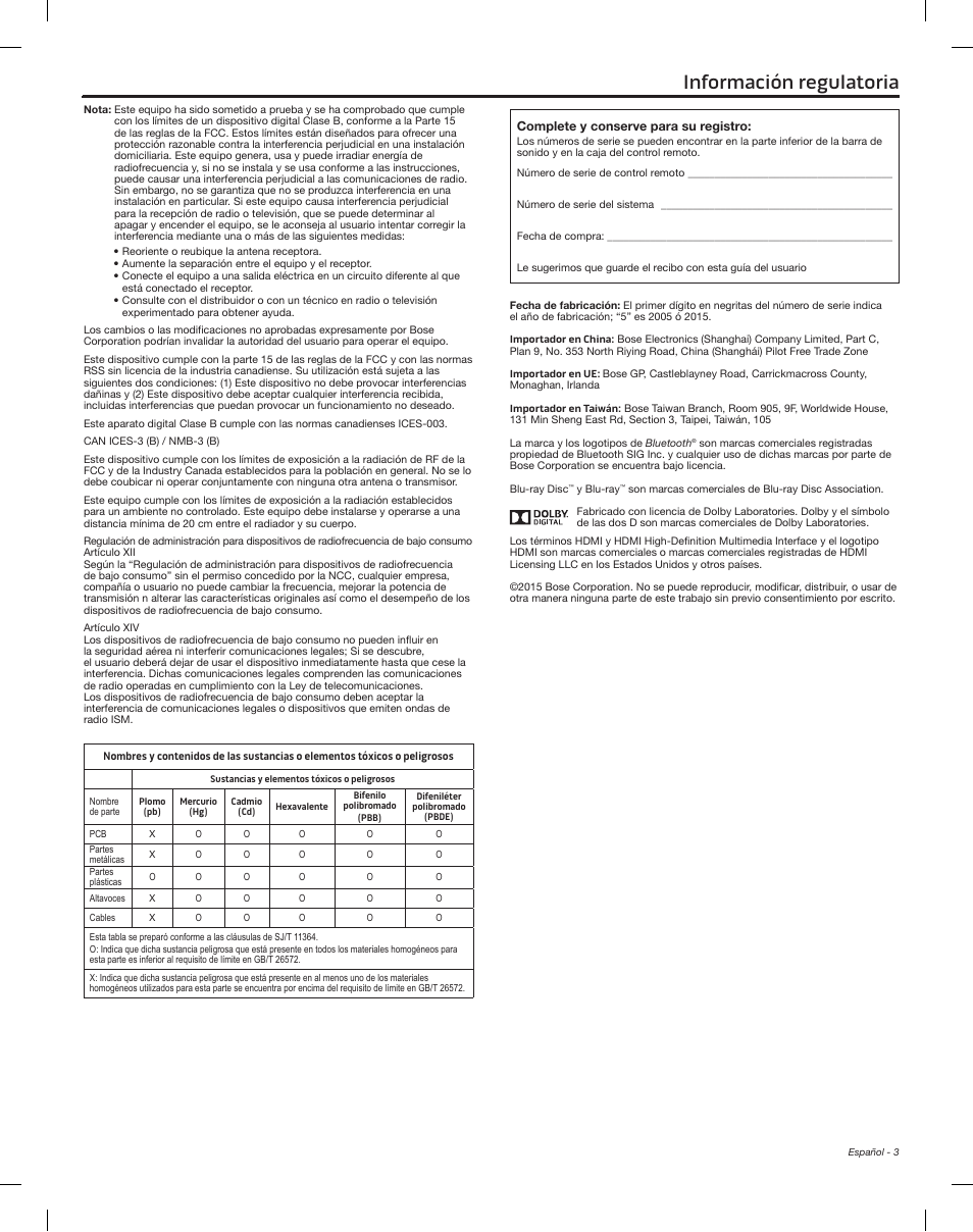 Información regulatoria, Complete y conserve para su registro | Bose Solo 15 Series II User Manual | Page 21 / 56