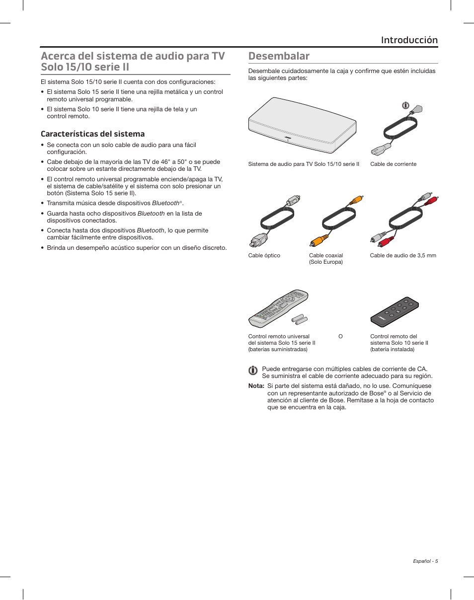 Introducción, Características del sistema, Desembalar | Bose Solo 15 Series II User Manual | Page 23 / 56