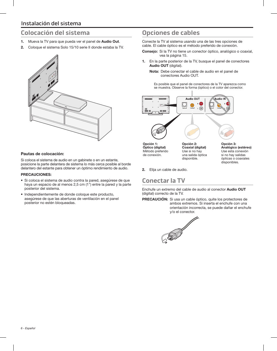 Instalación del sistema, Colocación del sistema, Opciones de cables | Conectar la tv | Bose Solo 15 Series II User Manual | Page 24 / 56
