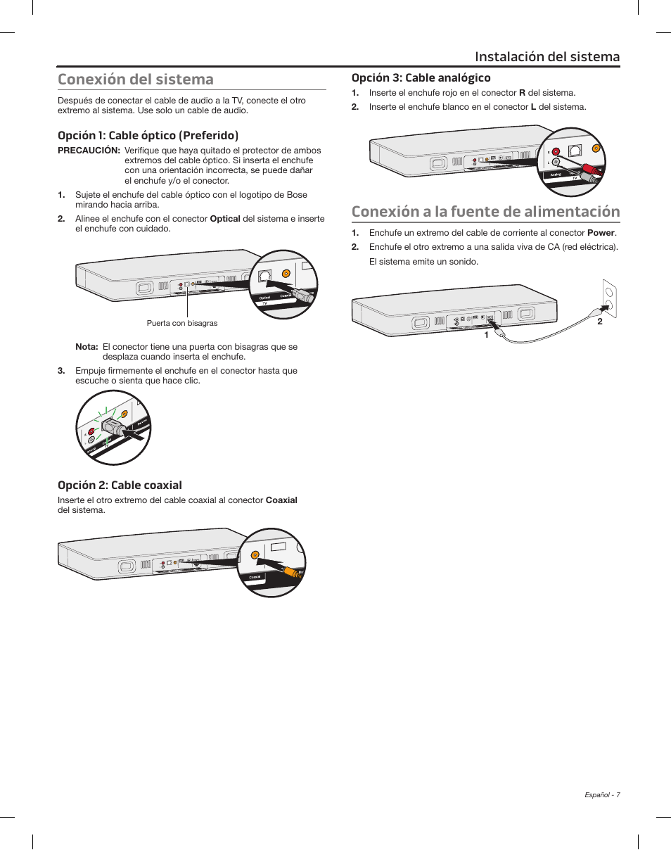 Conexión del sistema, Conexión a la fuente de alimentación, Opciones de cables | Conectar la tv, Instalación del sistema, Opción 1: cable óptico (preferido), Opción 2: cable coaxial, Opción 3: cable analógico | Bose Solo 15 Series II User Manual | Page 25 / 56