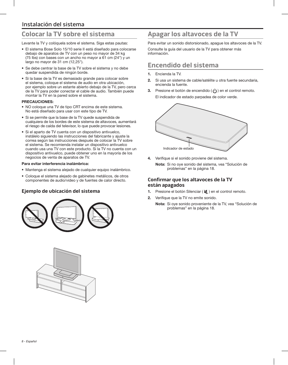 Colocar la tv sobre el sistema, Ejemplo de ubicación del sistema, Apagar los altavoces de la tv | Encendido del sistema, Uso del sistema instalación del sistema | Bose Solo 15 Series II User Manual | Page 26 / 56