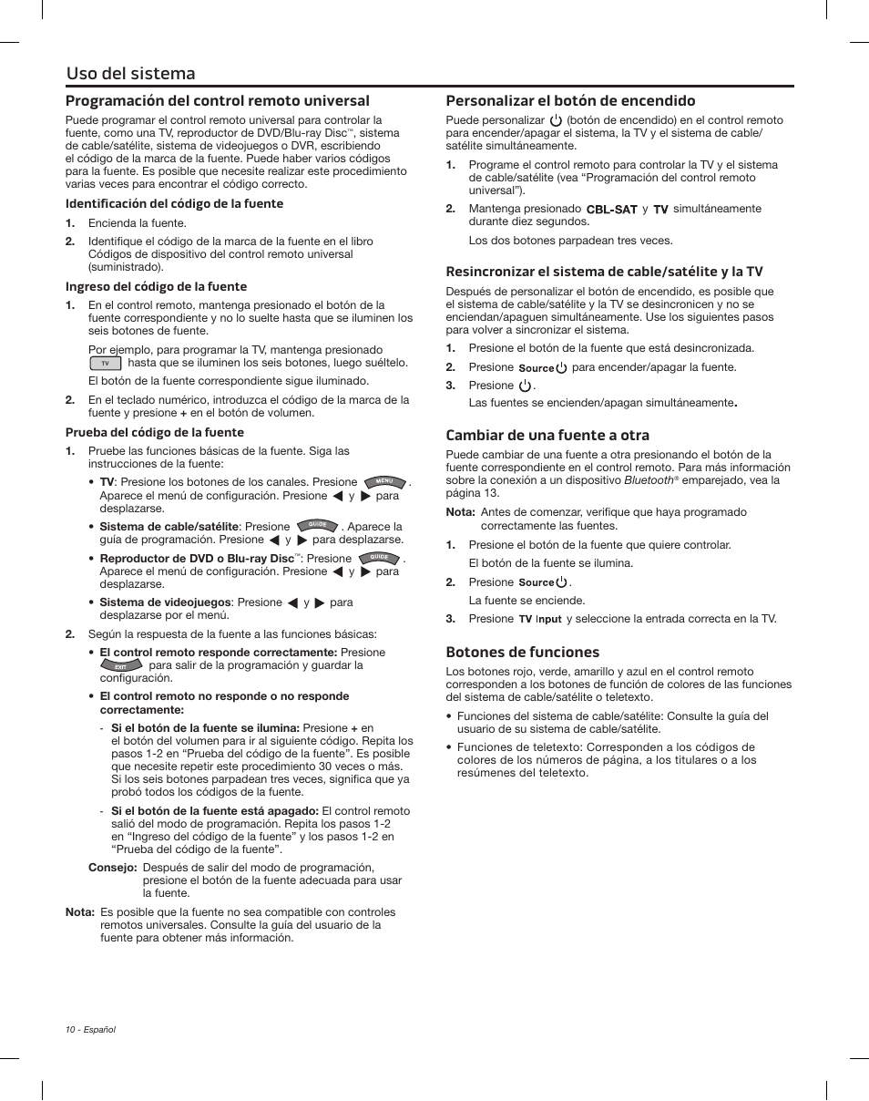 Uso del sistema, Programación del control remoto universal, Personalizar el botón de encendido | Cambiar de una fuente a otra, Botones de funciones | Bose Solo 15 Series II User Manual | Page 28 / 56
