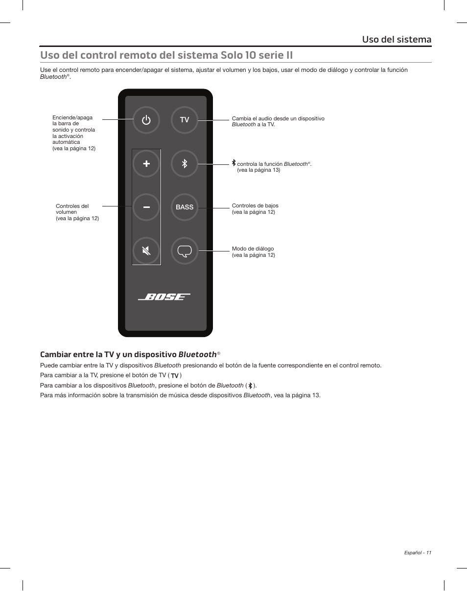 Cambiar entre la tv y un dispositivo bluetooth, Uso del sistema | Bose Solo 15 Series II User Manual | Page 29 / 56