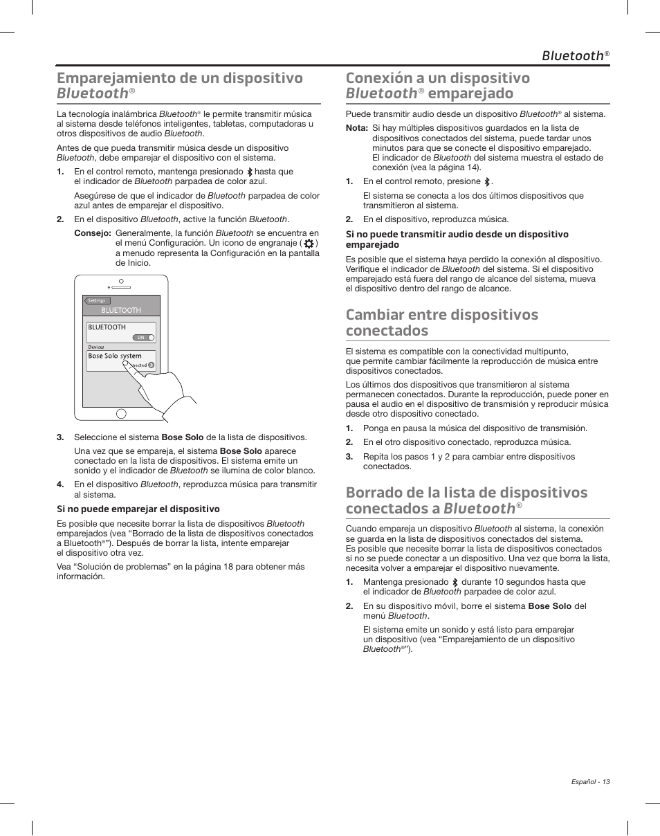 Bluetooth, Emparejamiento de un dispositivo bluetooth, Conexión a un dispositivo bluetooth | Emparejado, Cambiar entre dispositivos conectados | Bose Solo 15 Series II User Manual | Page 31 / 56