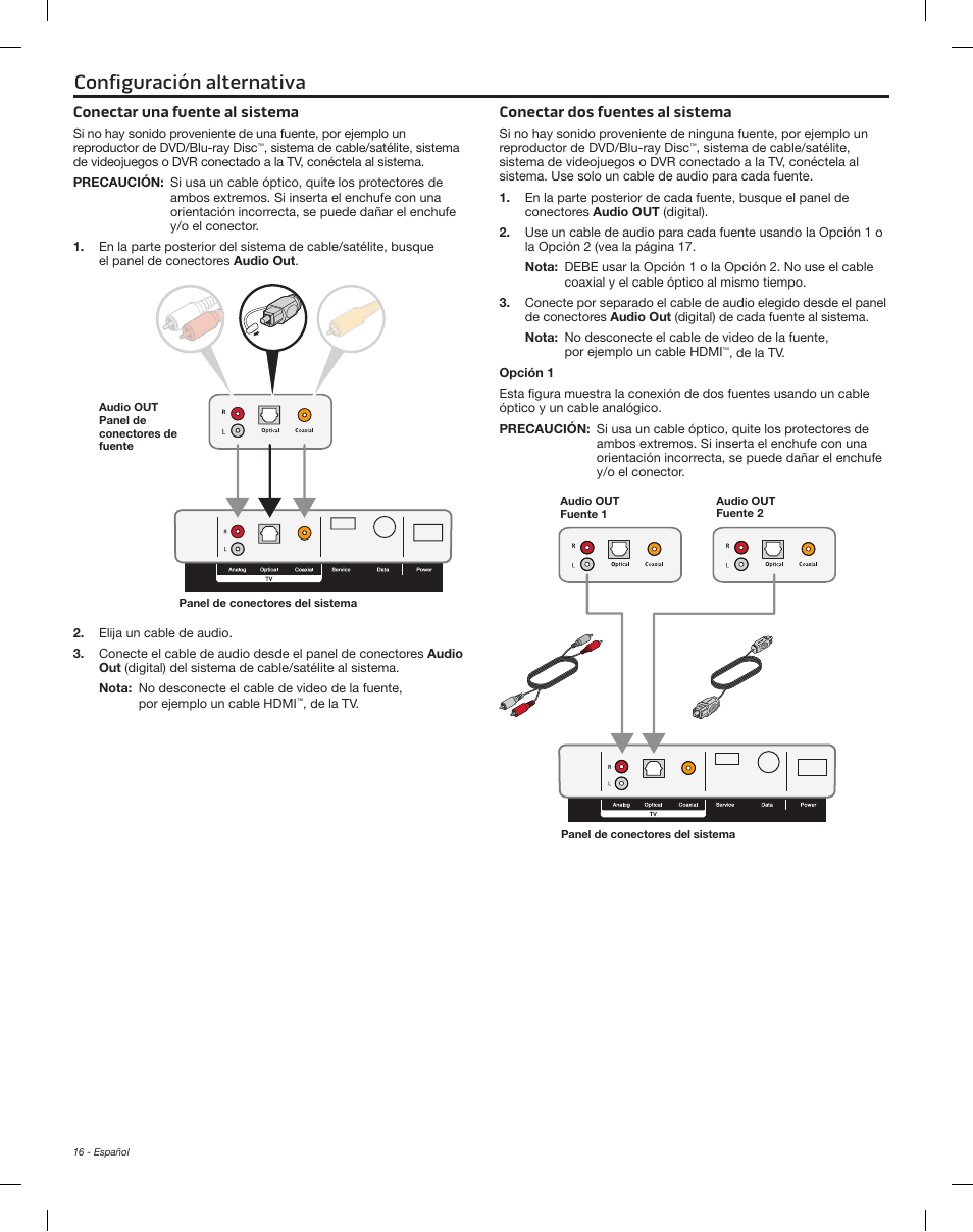 Configuración alternativa, Conectar una fuente al sistema, Conectar dos fuentes al sistema | Bose Solo 15 Series II User Manual | Page 34 / 56