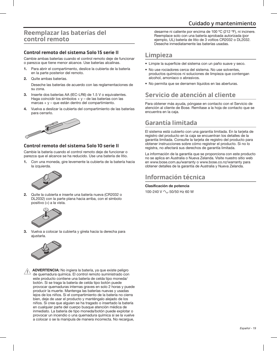 Reemplazar las baterías del control remoto, Limpieza, Servicio de atención al cliente | Garantía limitada, Información técnica, Cuidado y mantenimiento | Bose Solo 15 Series II User Manual | Page 37 / 56