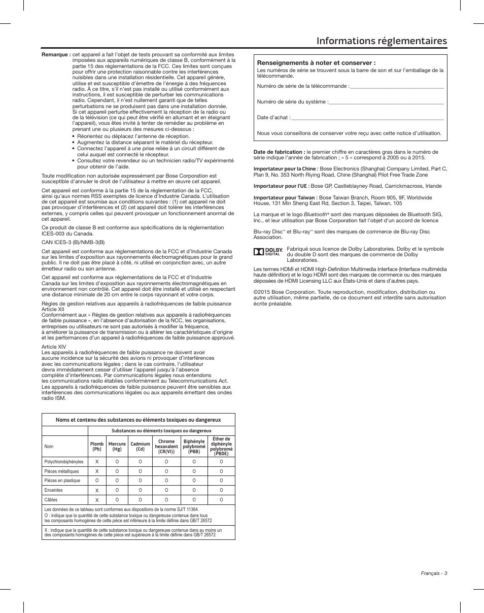 Informations réglementaires | Bose Solo 15 Series II User Manual | Page 39 / 56