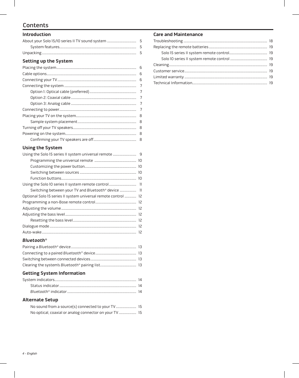 Contents introduction | Bose Solo 15 Series II User Manual | Page 4 / 56