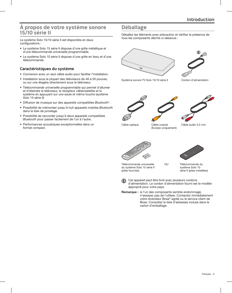 Introduction, À propos de votre système sonore 15/10 série ii, Caractéristiques du système | Déballage | Bose Solo 15 Series II User Manual | Page 41 / 56