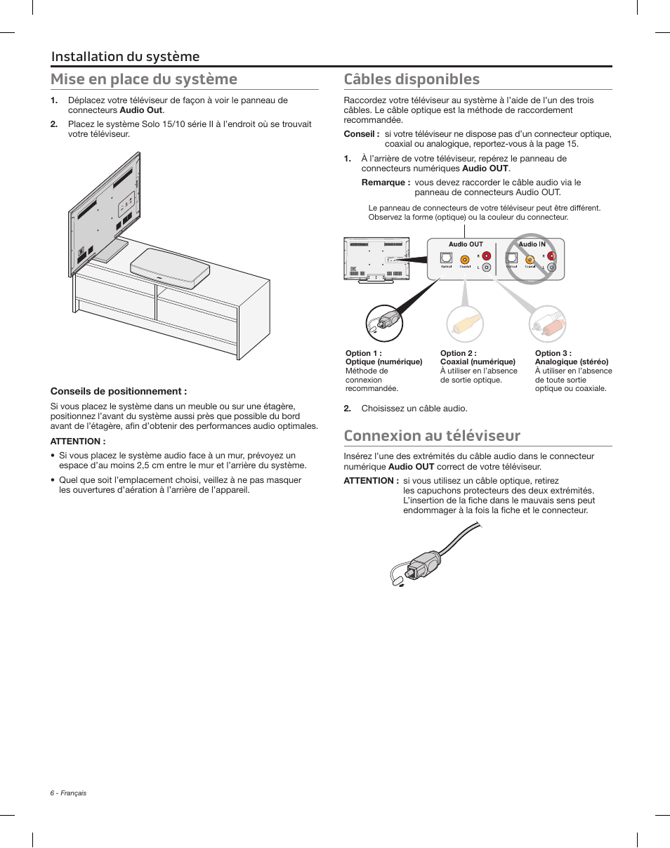 Installation du système, Mise en place du système, Câbles disponibles | Connexion au téléviseur | Bose Solo 15 Series II User Manual | Page 42 / 56