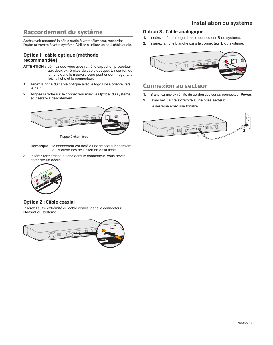 Raccordement du système, Connexion au secteur, Câbles disponibles | Connexion au téléviseur, Installation du système, Option 1 : câble optique (méthode recommandée), Option 2 : câble coaxial, Option 3 : câble analogique | Bose Solo 15 Series II User Manual | Page 43 / 56
