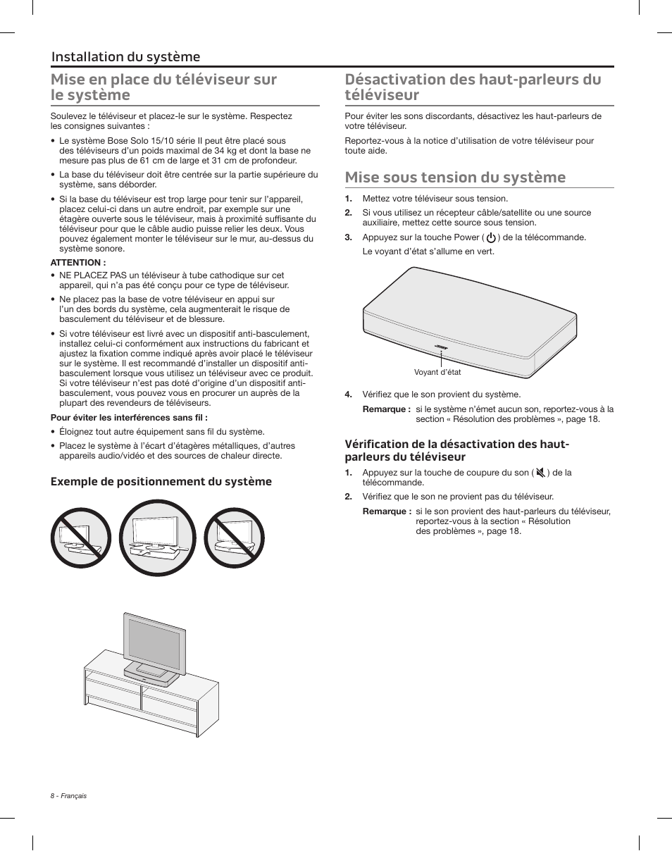 Mise en place du téléviseur sur le système, Exemple de positionnement du système, Téléviseur | Désactivation des haut-parleurs du téléviseur, Mise sous tension du système, Utilisation du système installation du système | Bose Solo 15 Series II User Manual | Page 44 / 56