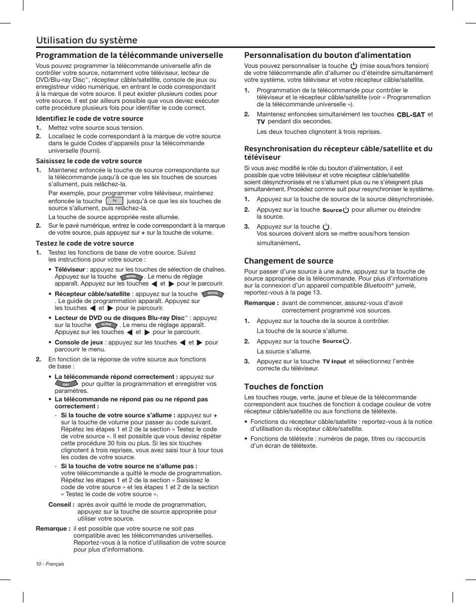 Utilisation du système, Programmation de la télécommande universelle, Personnalisation du bouton d’alimentation | Changement de source, Touches de fonction | Bose Solo 15 Series II User Manual | Page 46 / 56