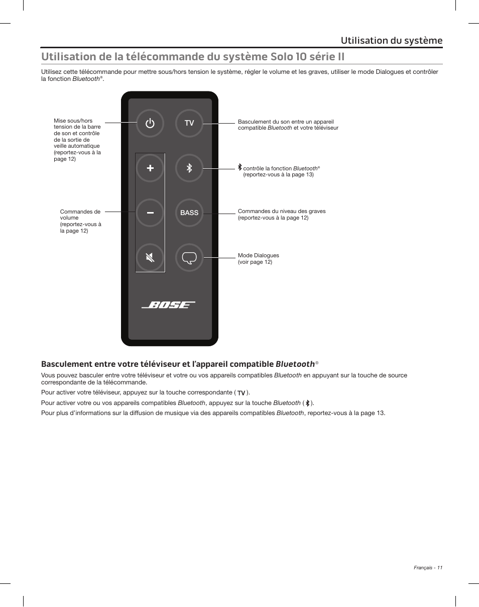 Basculement entre votre téléviseur et l’appareil, Compatible bluetooth, Utilisation du système | Bose Solo 15 Series II User Manual | Page 47 / 56