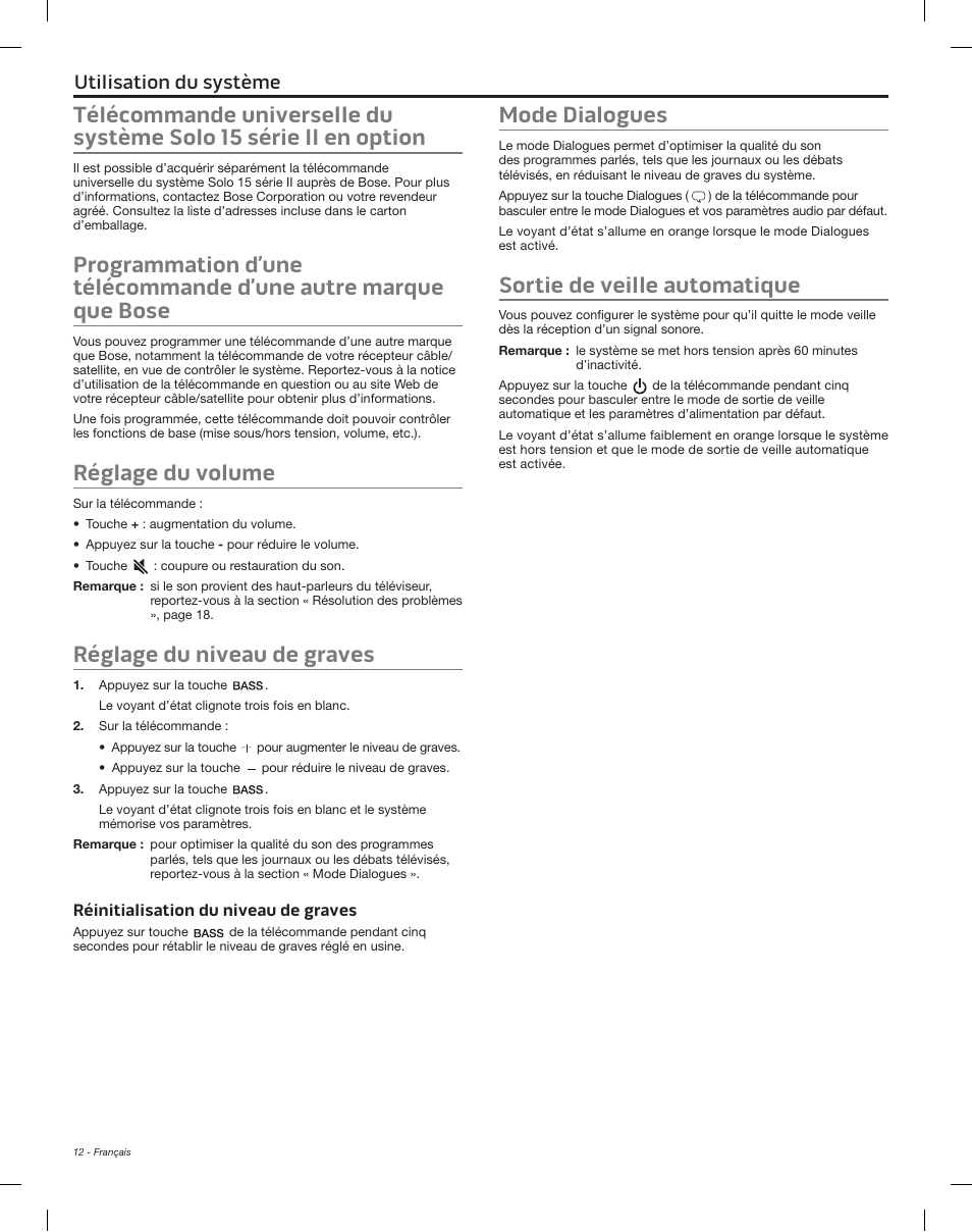 Réinitialisation du niveau de graves, Mode dialogues sortie de veille automatique, Réglage du volume | Réglage du niveau de graves, Mode dialogues, Sortie de veille automatique, Bluetooth, Utilisation du système | Bose Solo 15 Series II User Manual | Page 48 / 56