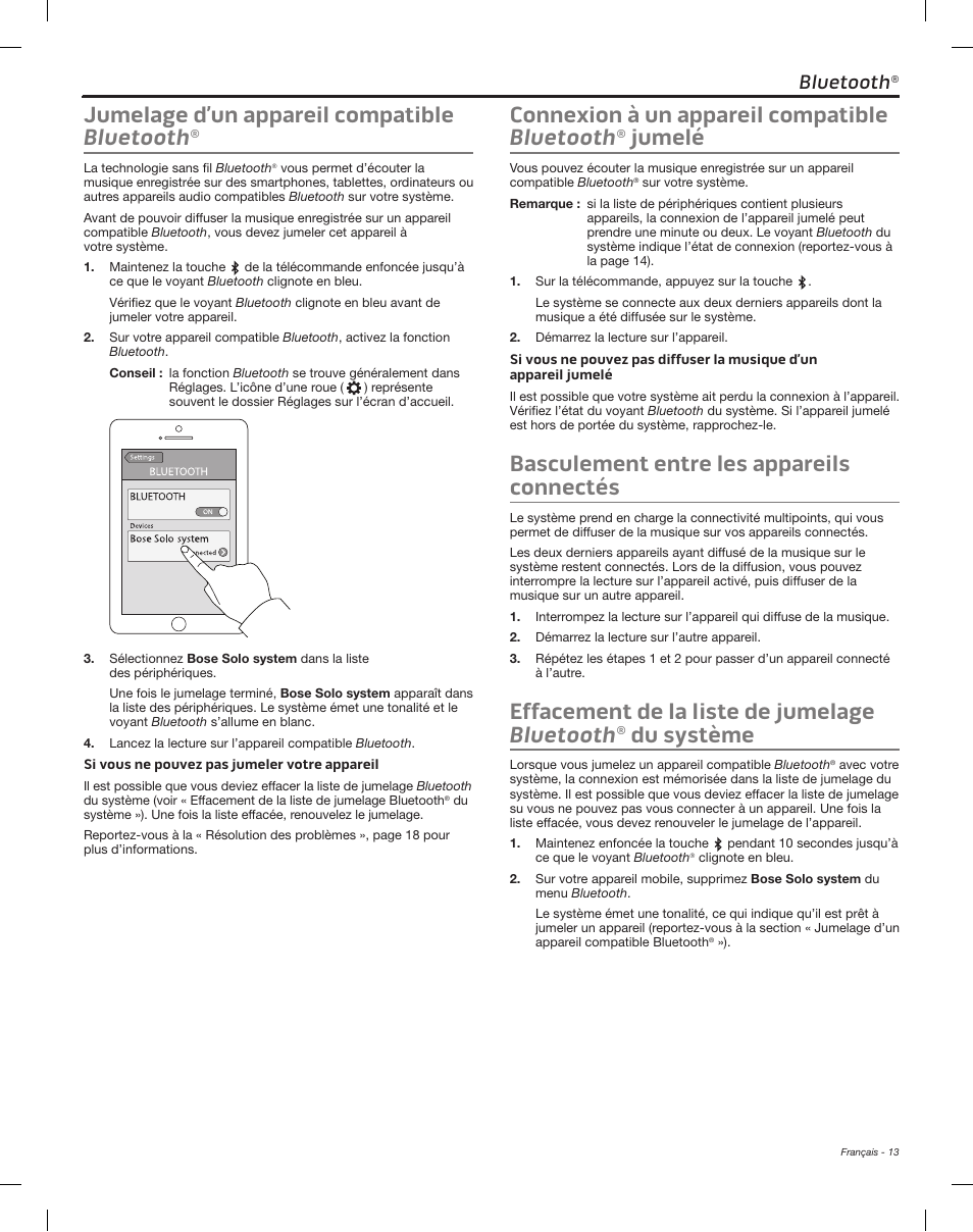 Bluetooth, Jumelage d’un appareil compatible bluetooth, Connexion à un appareil compatible bluetooth | Jumelé, Du système, Basculement entre les appareils connectés, Effacement de la liste de jumelage bluetooth | Bose Solo 15 Series II User Manual | Page 49 / 56