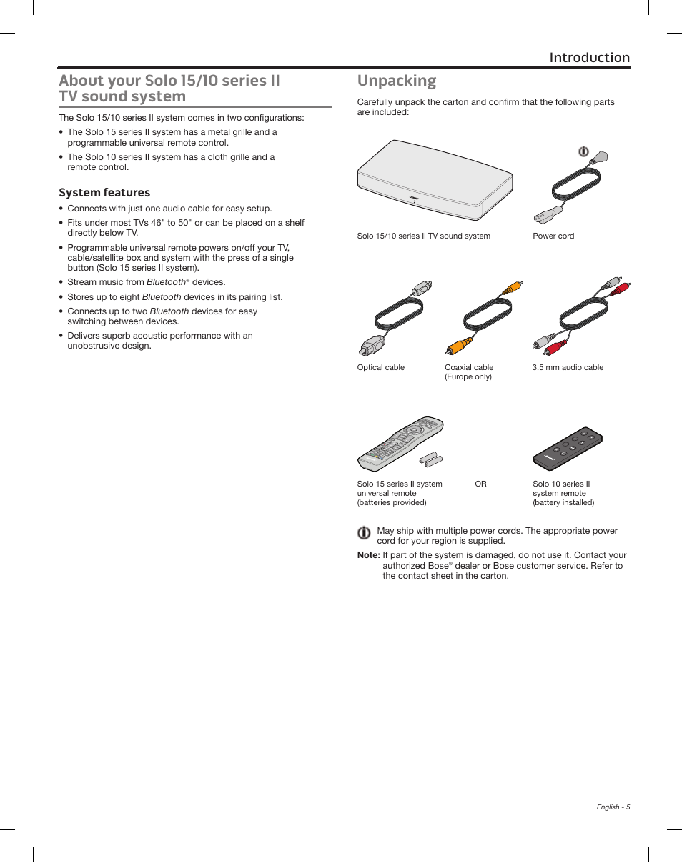 Introduction, About your solo 15/10 series ii tv sound system, System features | Unpacking | Bose Solo 15 Series II User Manual | Page 5 / 56