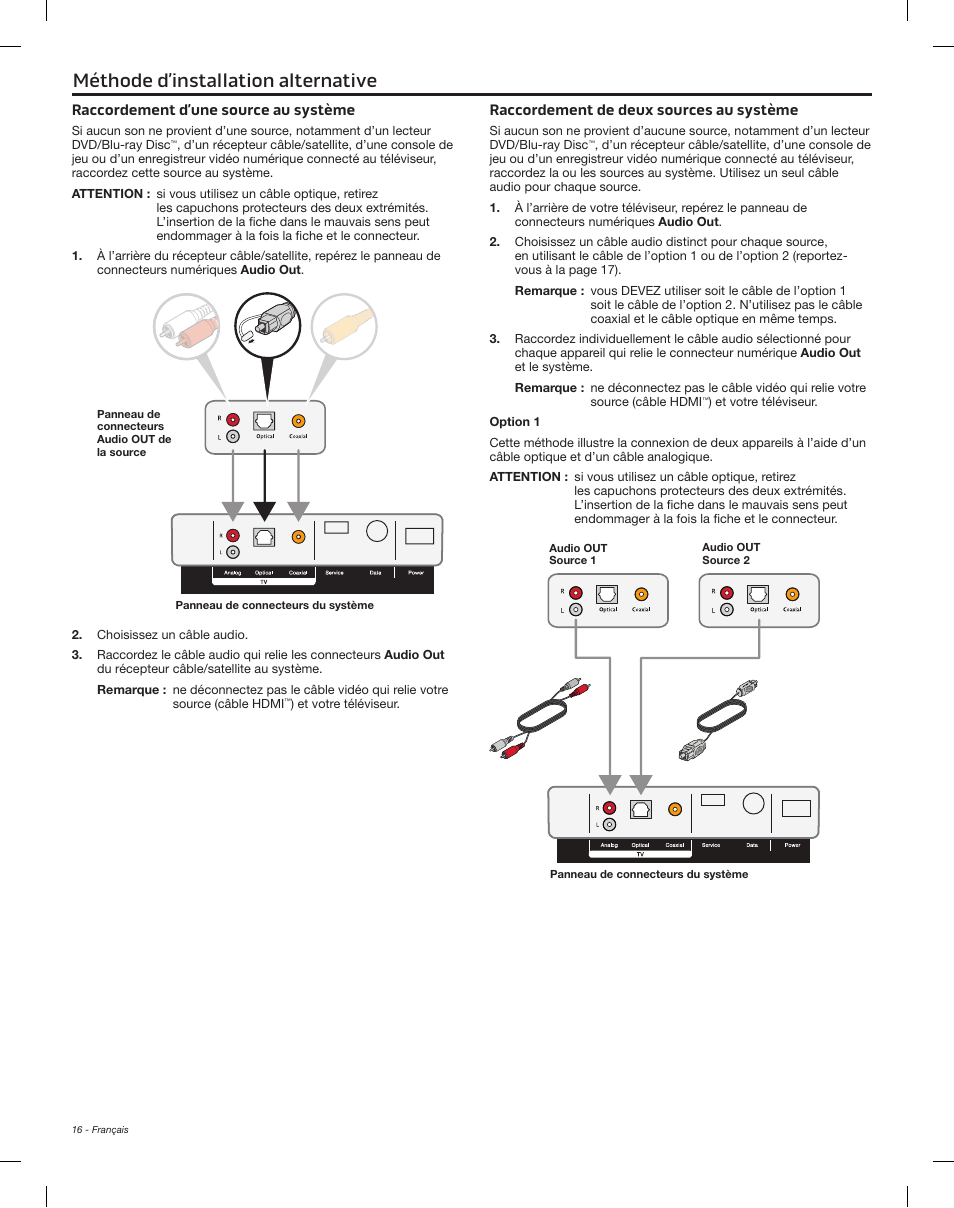 Méthode d’installation alternative, Raccordement d’une source au système, Raccordement de deux sources au système | Bose Solo 15 Series II User Manual | Page 52 / 56