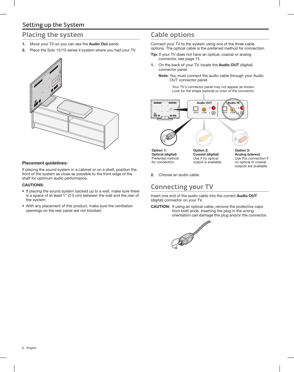 Setting up the system, Placing the system, Cable options | Connecting your tv | Bose Solo 15 Series II User Manual | Page 6 / 56