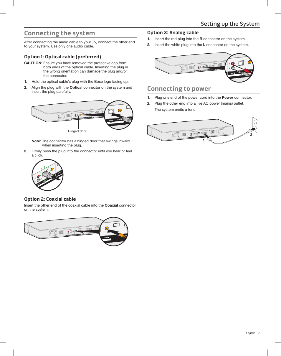 Connecting the system, Connecting to power, Cable options | Connecting your tv, Setting up the system, Option 1: optical cable (preferred), Option 2: coaxial cable, Option 3: analog cable | Bose Solo 15 Series II User Manual | Page 7 / 56