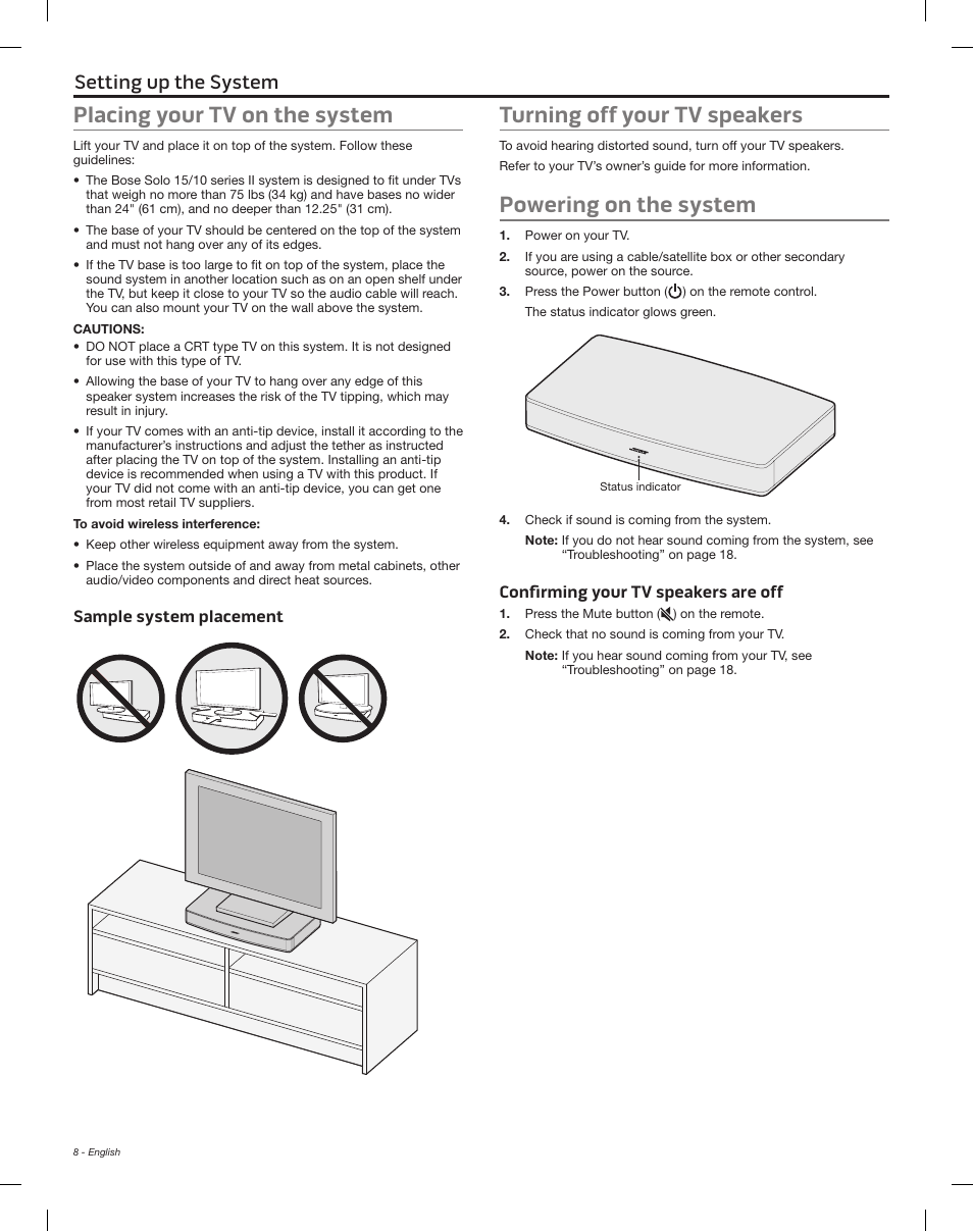 Placing your tv on the system, Sample system placement, Confirming your tv speakers are off | Turning off your tv speakers, Powering on the system, Using the system setting up the system | Bose Solo 15 Series II User Manual | Page 8 / 56