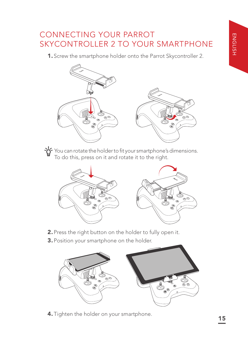 Position your smartphone on the holder, Tighten the holder on your smartphone, English | Parrot Disco FPV User Manual | Page 12 / 32