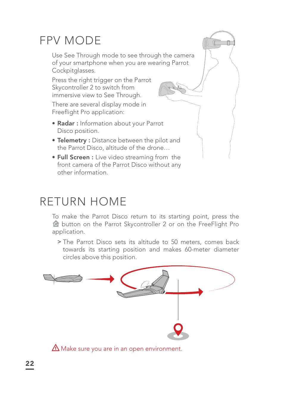 Fpv mode, Return home | Parrot Disco FPV User Manual | Page 19 / 32