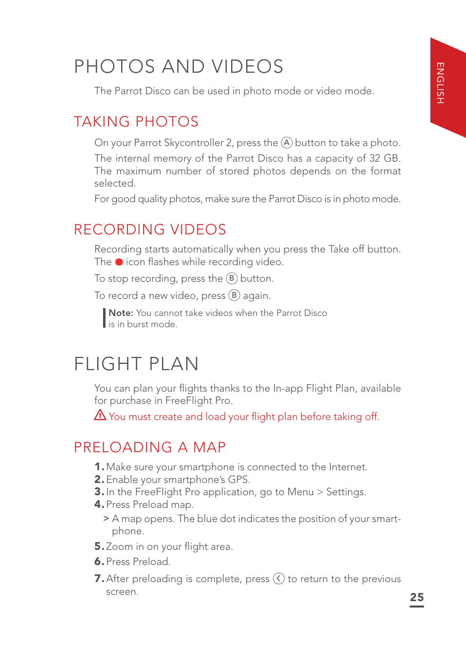 Photos and videos, Flight plan, Taking photos | Recording videos, Preloading a map | Parrot Disco FPV User Manual | Page 22 / 32