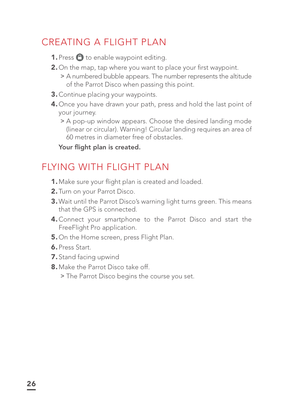 Creating a flight plan, Flying with flight plan | Parrot Disco FPV User Manual | Page 23 / 32