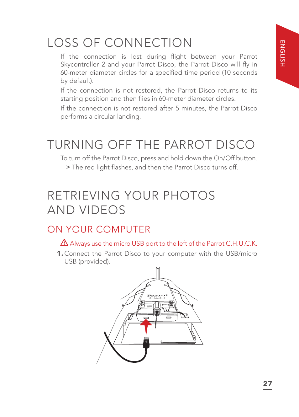 Loss of connection, Turning off the parrot disco, Retrieving your photos and videos | Parrot Disco FPV User Manual | Page 24 / 32