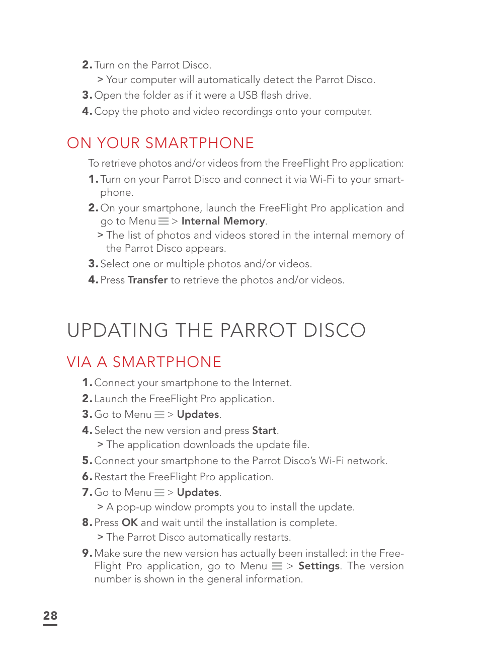 Updating the parrot disco, On your smartphone, Via a smartphone | Parrot Disco FPV User Manual | Page 25 / 32