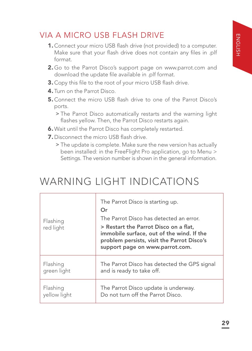 Warning light indications, Via a micro usb flash drive | Parrot Disco FPV User Manual | Page 26 / 32