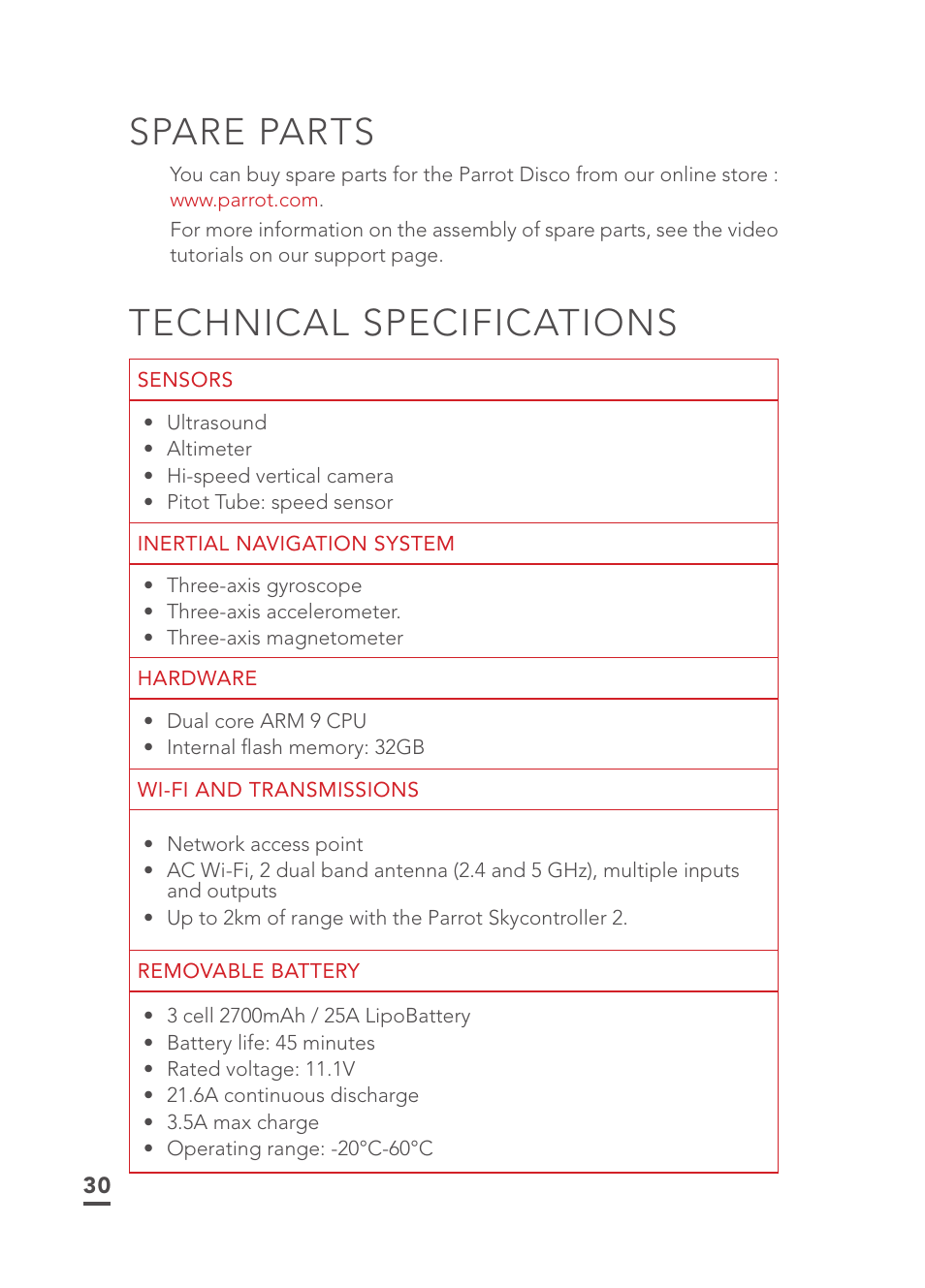 Spare parts, Technical specifications | Parrot Disco FPV User Manual | Page 27 / 32