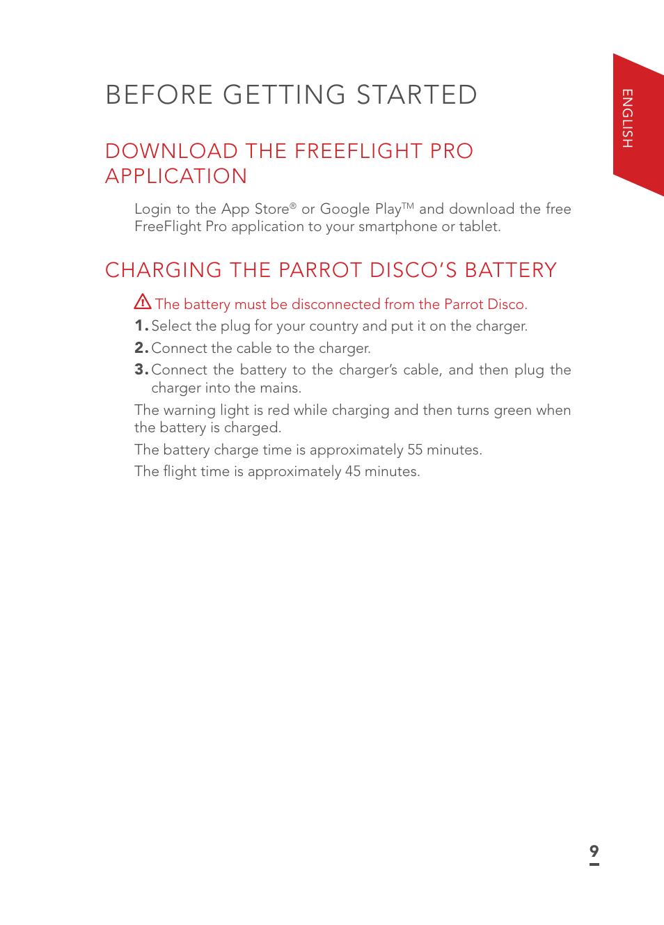 Before getting started, Download the freeflight pro application, Charging the parrot disco’s battery | Parrot Disco FPV User Manual | Page 6 / 32