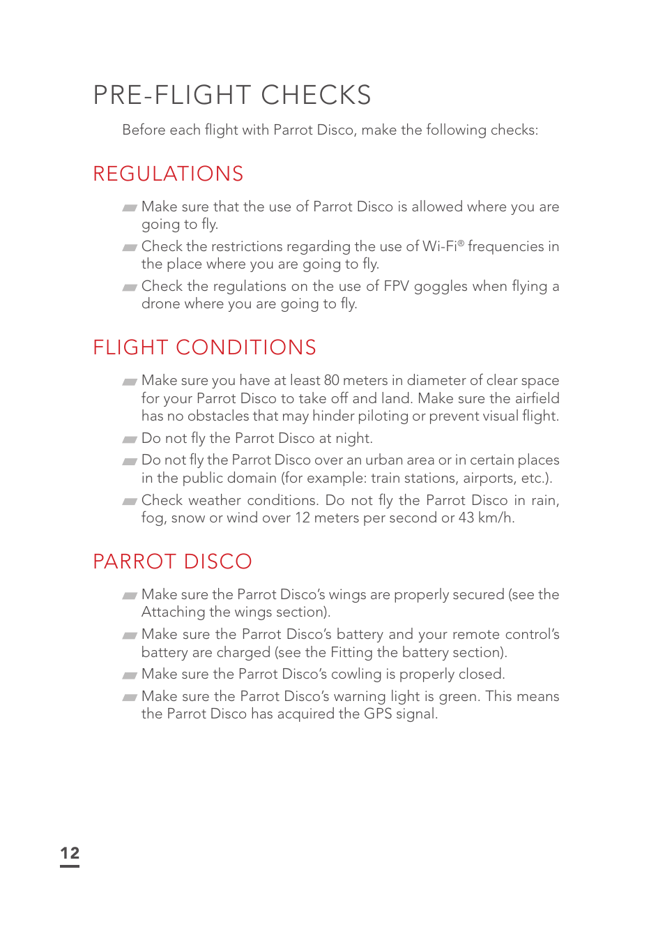 Pre-flight checks, Regulations, Flight conditions | Parrot disco | Parrot Disco FPV User Manual | Page 9 / 32