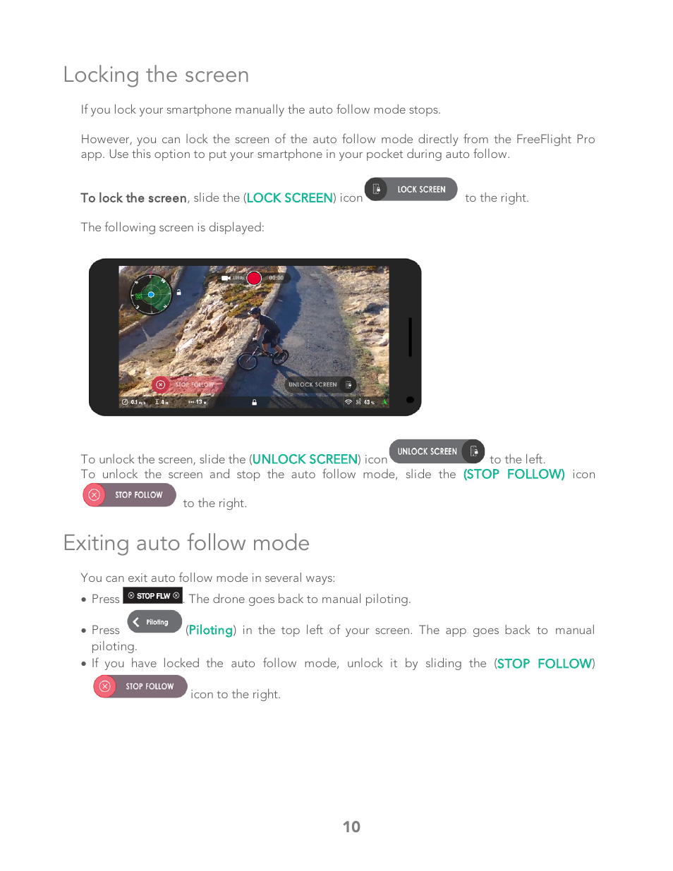 Locking the screen, Exiting auto follow mode | Parrot Bebop 2 User Manual | Page 12 / 18