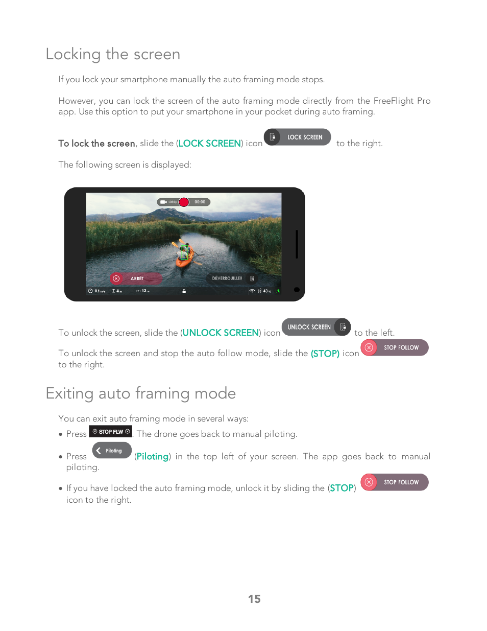 Locking the screen, Exiting auto framing mode | Parrot Bebop 2 User Manual | Page 17 / 18