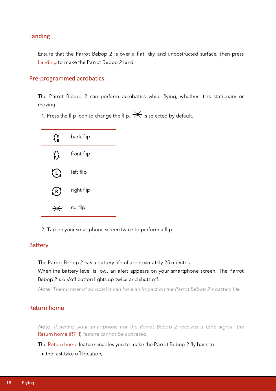 Landing, Pre-programmed acrobatics, Battery | Return home, Battery level | Parrot Bebop 2 User Manual | Page 16 / 37
