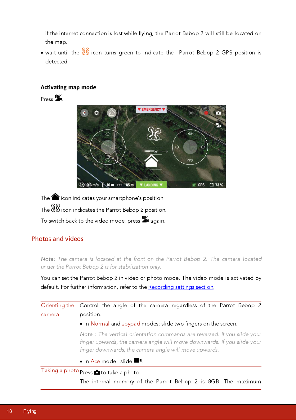 Activating map mode, Photos and videos, Video recording | Take a photo | Parrot Bebop 2 User Manual | Page 18 / 37
