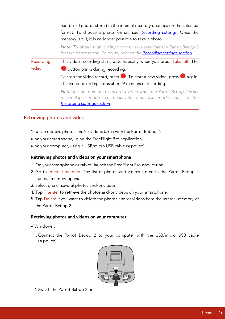 Retrieving photos and videos, Retrieving photos and videos on your smartphone, Retrieving photos and videos on your computer | Parrot Bebop 2 User Manual | Page 19 / 37