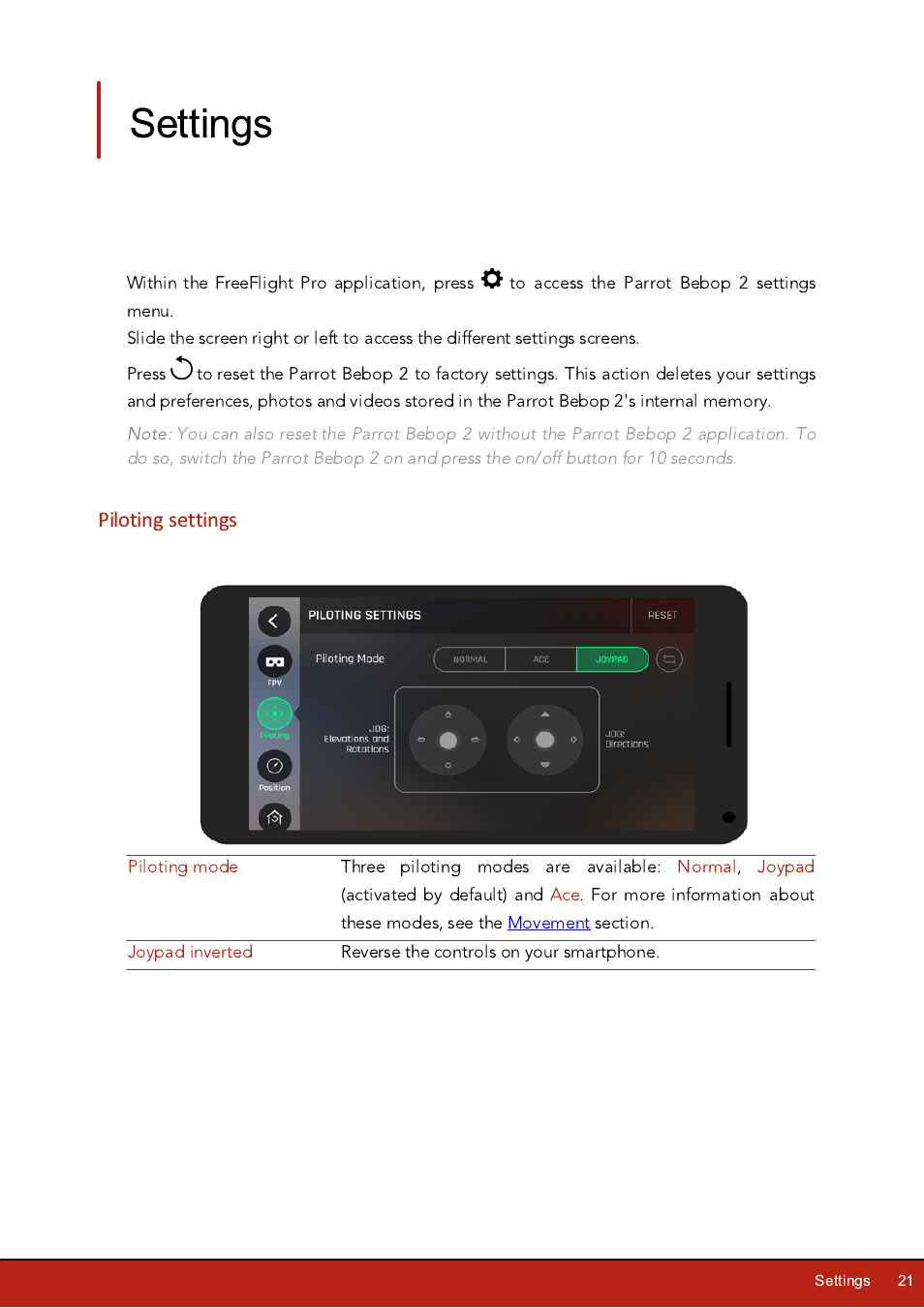 Settings, Piloting settings | Parrot Bebop 2 User Manual | Page 21 / 37
