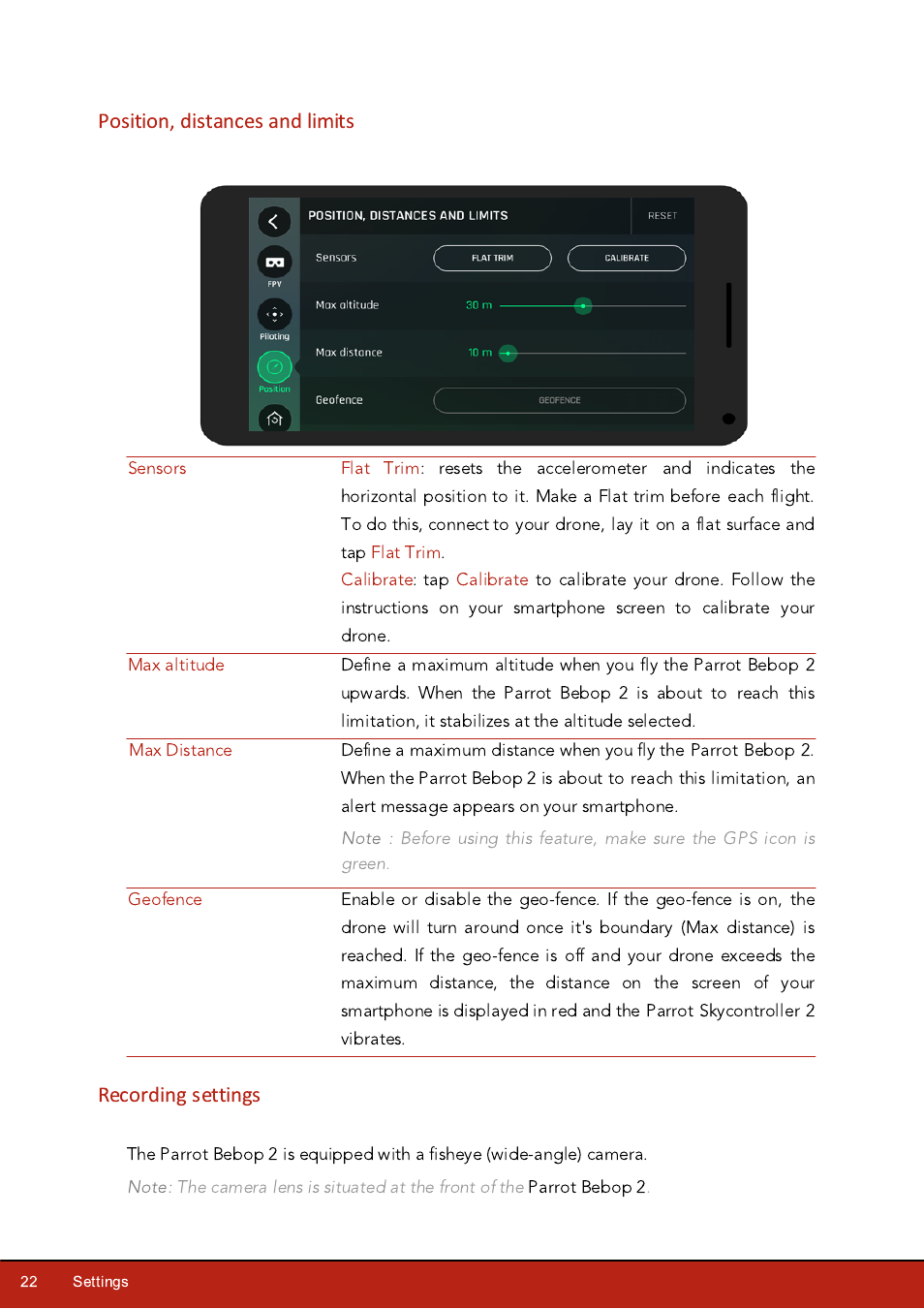 Position, distances and limits, Recording settings, Recording settings section | Parrot Bebop 2 User Manual | Page 22 / 37