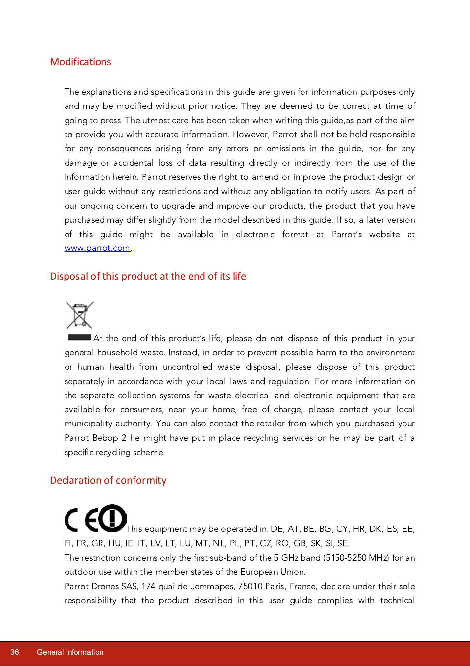 Modifications, Disposal of this product at the end of its life, Declaration of conformity | Parrot Bebop 2 User Manual | Page 36 / 37